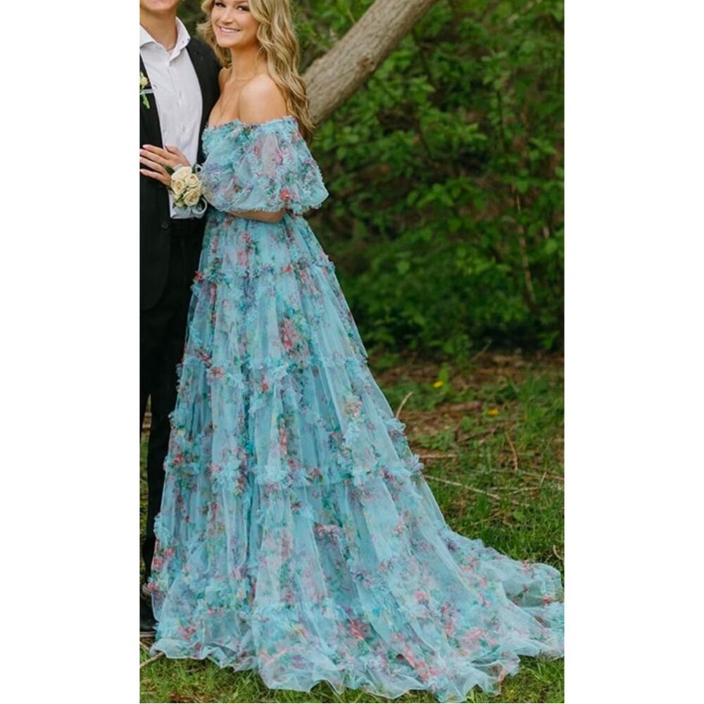 Sherri Hill Light Blue Tulle Floral Printed Prom/Pageant Dress